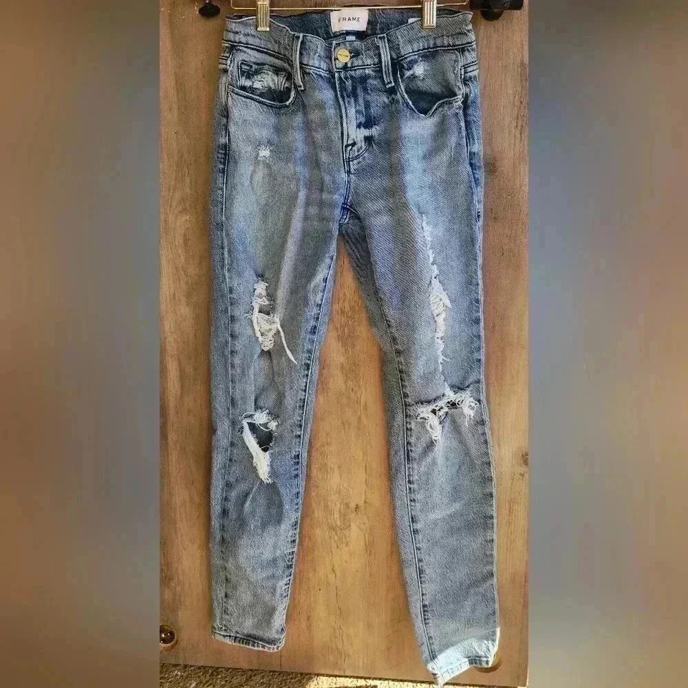 FRAME Denim Le Garcon Mid Rise Distressed Jeans Denim Beldon Rips Size 24 - Picture 2 of 9